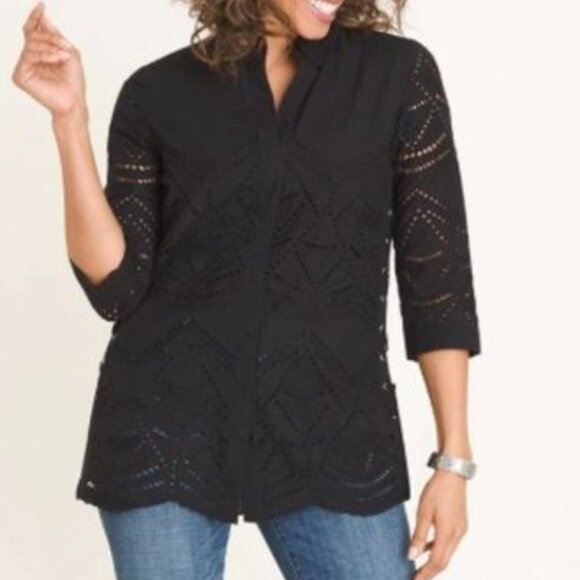 Chico's Black Eyelet Button Down Shirt Lace-up Sides Size Large - Picture 4 of 11